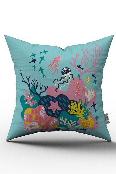 Cango Home Blue Multicolor Marine Patterned Digital Printed Throw Pillow Cover - Otyk766