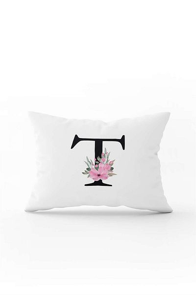 Cango Home Ροζ Floral Μαύρο γράμμα Διπλής όψης Ψηφιακή εμπριμέ ριχτάρι μαξιλαροθήκη Letter T