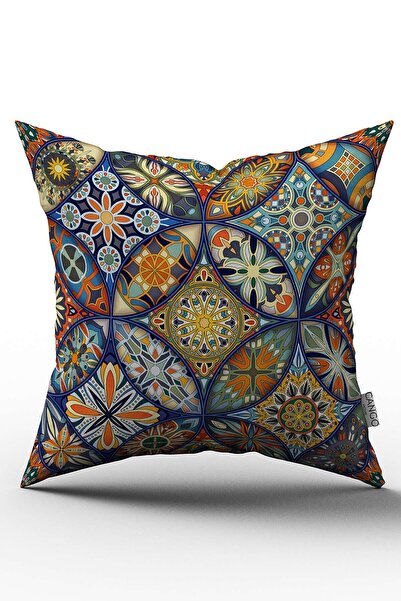 Cango Home Lacivert Retro Vintage Desenli Dijital Baskılı Kırlent Kılıfı - Otyk023