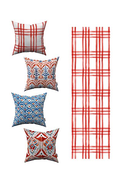 Cango Home Albastru Roșu Abstract Decorativ Model 4 Piese Husă de Pernă 1 Set Runner 4kmbs067-rs-02