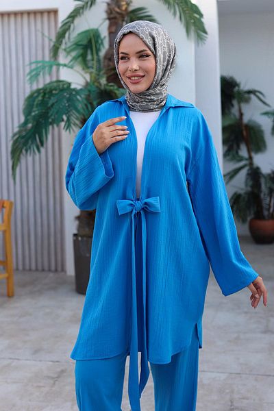 MİSSKAYLE Teal Blue Kimono Set with Tie Detail, Model 1225