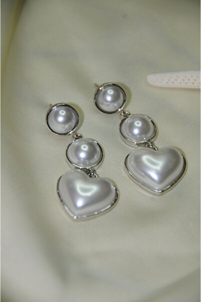 İPAR AKSESUAR Triple Pearl Heart Metal Silver Earring