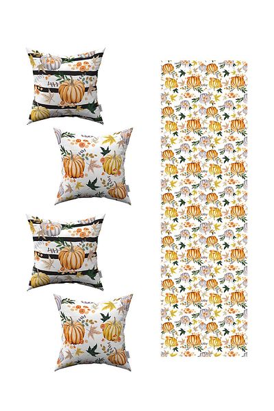 Cango Home Orange Halloween Pumpkin Patterned 4-Piece Throw Pillow Cover 1 Runner Set 4kmbs132-rs