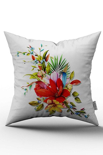 Cango Home Husă de pernă roșie cu model de flori tropicale imprimate digital - Otyk475