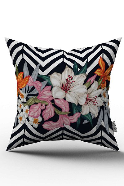 Cango Home Husă de pernă cu două fețe, negru, alb, floral, cu model în zig-zag, imprimată digitală - Otyk522