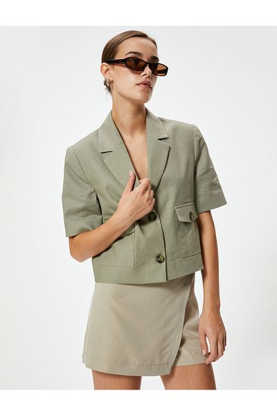 Koton Kurze Leinenjacke mit kurzen Ärmeln und Knopfleiste