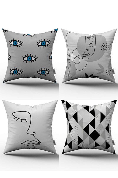 Cango Home Set de 4 huse de pernă cu model alb albastru cu figuri decorative - 4kmbs065