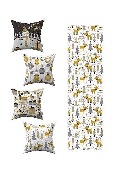 Cango Home Yellow Gray Christmas Themed 4-Piece Throw Pillow Cover 1 Runner Set 4kmbs155-rs-03