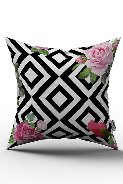 Cango Home White Black Geometric Floral Patterned Digital Printed Throw Pillow Cover - Otyk557