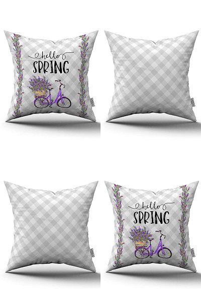 Cango Home Gray Purple Checkered Spring Themed Digital Printed Throw Pillow Cover Set 4kmbs246