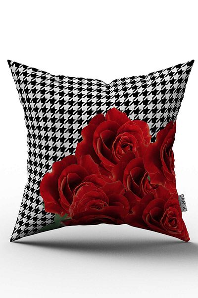 Cango Home Black White Rose and Houndstooth Patterned Digital Printed Throw Pillow Cover - Otyk547