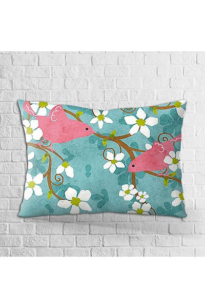 Cango Home Față de pernă cu două fețe, 35x50, albastru, roz, cu model de flori și păsări, imprimată digital - Otyk376-3550