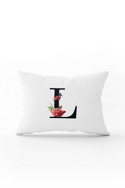 Cango Home Red Floral Black Letter Double Sided Digital Printed Throw Pillow Cover Letter L