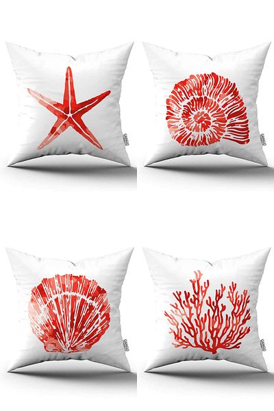 Cango Home Red and White Marine Patterned 4-Piece Digital Printed Throw Pillow Cover Set - 4kmbs298