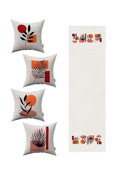 Cango Home Negru Roșu Modern Leaf Model 4 Piese Husă de Pernă 1 Runner Set 4kmbs108-rs