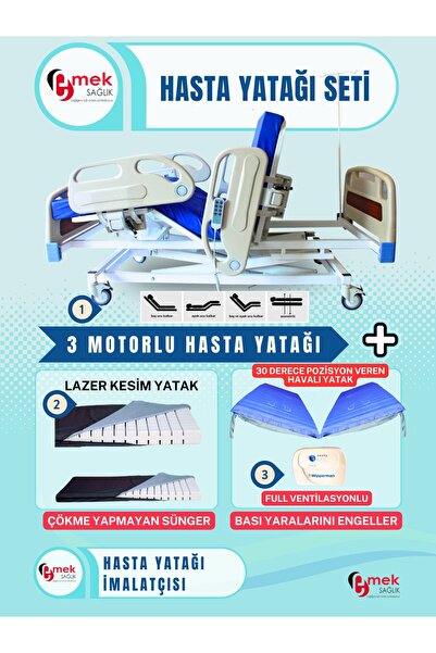 emek sağlık 3 Motorlu Full ABS Hasta Karyolası+Cnc Lazer Kesim Yatak+30 Derec...