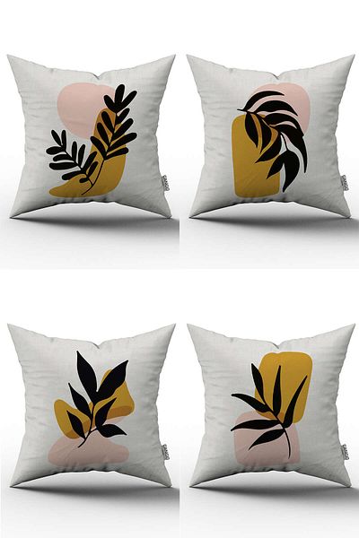 Cango Home Yellow Black Modern Bohemian Leaf Patterned Digital Printed Throw Pillow Pillow Case Set 4kmbs103