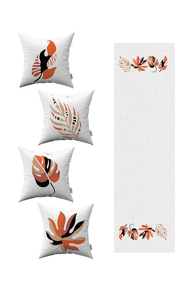 Cango Home Orange Black Decorative Modern Leaf Patterned 4-Piece Throw Pillow Cover 1 Runner Set 4kmbs123-rs