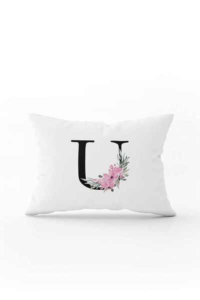 Cango Home Pink Floral Black Letter Double Sided Digital Printed Throw Pillow Cover Letter U