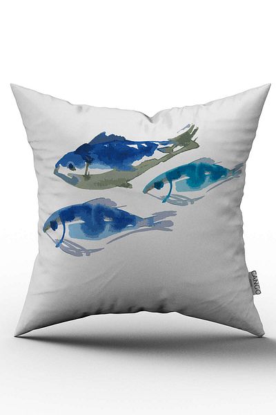 Cango Home White Blue Marine Digital Printed Throw Pillow Cover with Fish Figure - Otyk709
