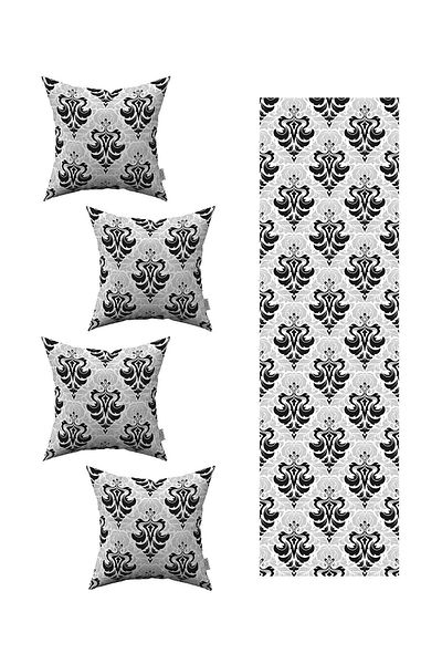 Cango Home Black and White Ethnic Damask Patterned 4-Piece Throw Pillow Cover 1 Runner Set 4kmbs222-rs
