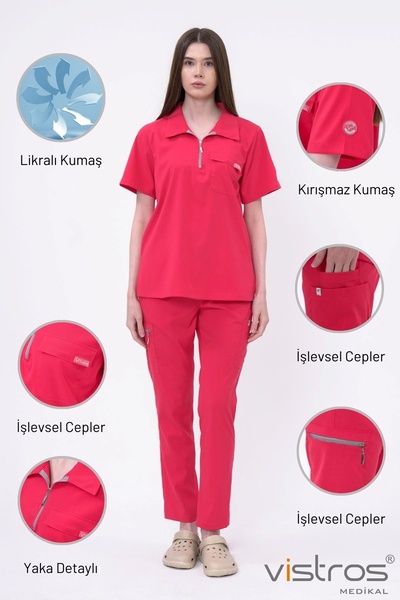 Vistros Medikal Lüks Polo Yaka Likralı Takım Yüksek Kaliteli Unisex Scrubs Na...