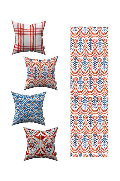 Cango Home Albastru Roșu Abstract Decorativ Model 4 Piese Husă de Pernă 1 Set Runner 4kmbs067-rs-01
