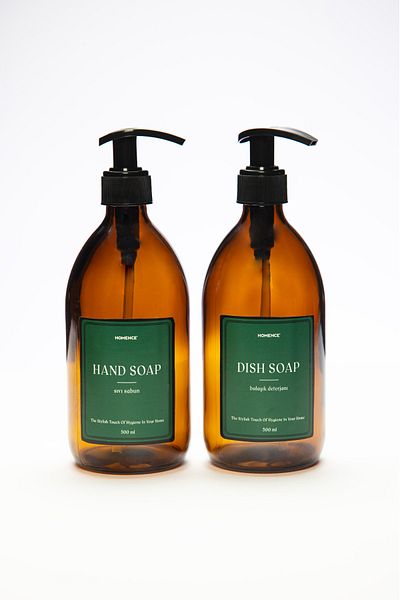 homence Amber Glass Bottle Set - 2-Piece Green Soap Dispenser 500ml with Label Dish Detergent
