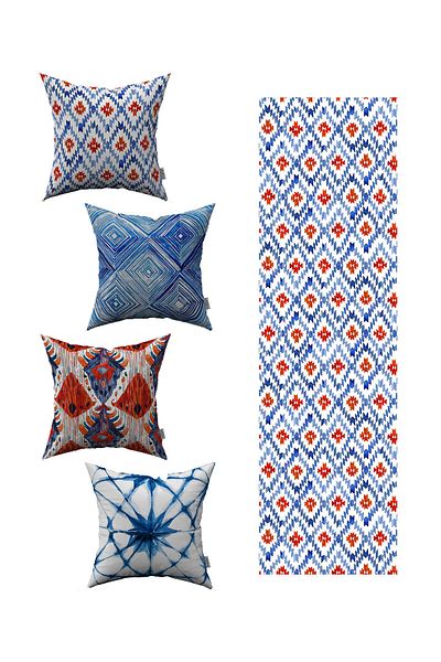 Cango Home Red Blue Abstract Decorative Patterned 4-Piece Throw Pillow Cover 1 Runner Set 4kmbs050-rs