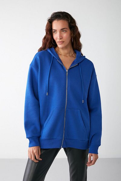 GRIMELANGE Alena női Basic Kangaroo Pocket Oversize organikus pamut cipzáras kapucnis Saks kék pulóver
