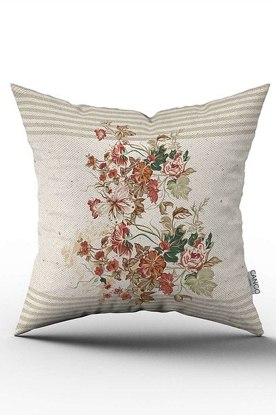Cango Home Husă de pernă digitală cu dungi portocalii crem cu model floral - Cgh1061