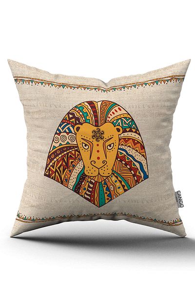 Cango Home Față de pernă cremă etnică africană cu leu cu imprimare digitală -cgh1259