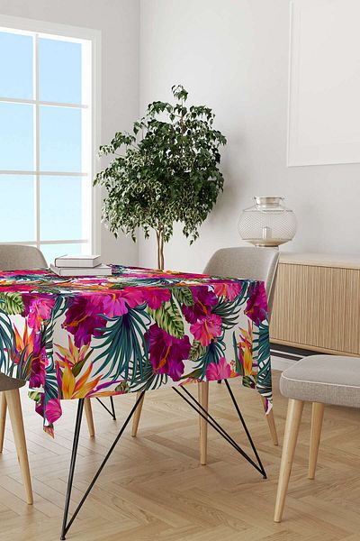 Cango Home Green Pink Tropical Flower Patterned Digital Printed Tablecloth Otyk544-ms
