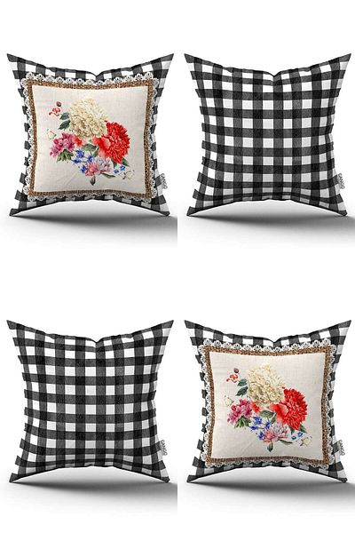 Cango Home Set de 4 huse de pernă cu model floral în carouri alb-negru - 4kmbs270