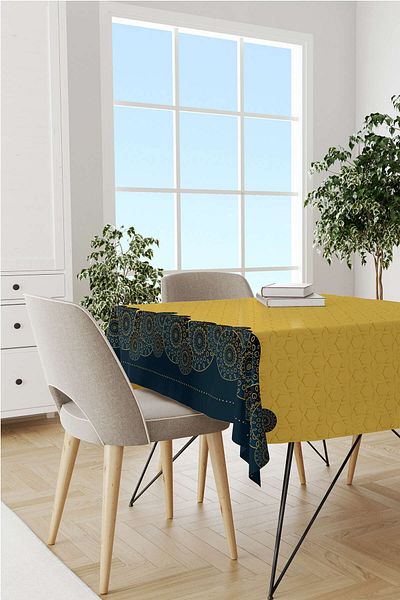 Cango Home Navy Blue Yellow Ramadan Themed Decorative Patterned Digital Printed Tablecloth Cgh1342-ms