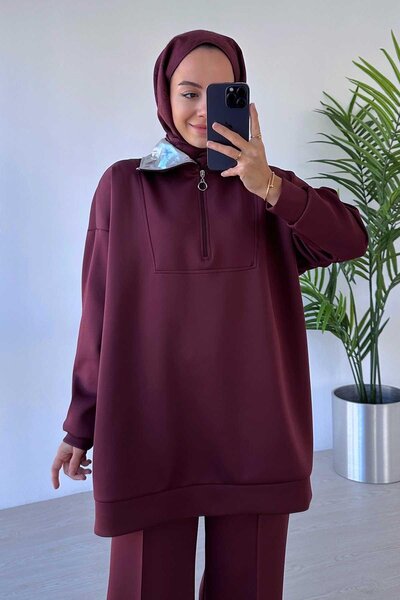 Ka Hijab Shiny Collar Detailed Scuba Set - Claret Red