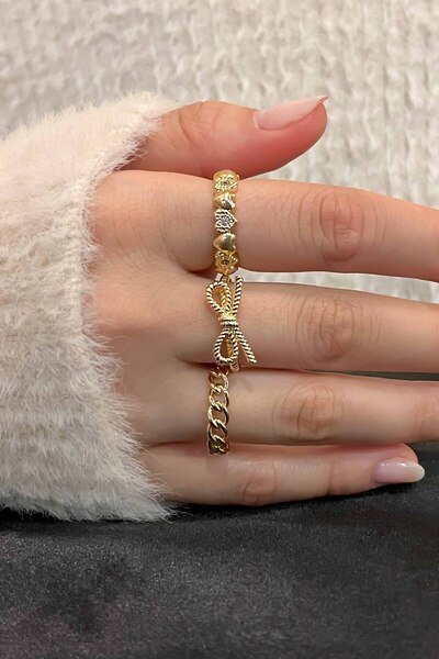 TREND COLLECTİON Zirkon Taşlı Gold Zarif Ayarlanabilir Zincir, Fiyonk, Kalp 3'lü Kadın Yüzük Seti