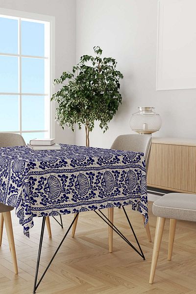 Cango Home Navy Blue Beige Marine Themed Seashell Patterned Digital Printed Tablecloth Cgh632-ms