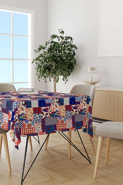 Cango Home Red Navy Blue Ethnic Patchwork Patterned Digital Printed Tablecloth Cgh623-ms
