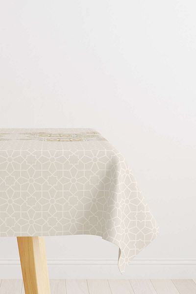 Cango Home Beige Cream Ramadan Themed Motif Patterned Digital Printed Tablecloth Cgh1289-ms