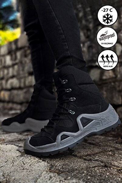 gizlitopuk Boy Uzatan 7 cm Gizli Topuklu Siyah Füme Combat Fermuarlı Bot GT-0003