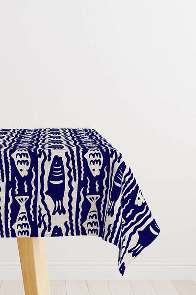 Cango Home Navy Blue Beige Marine Themed Fish Patterned Digital Printed Tablecloth Cgh634-ms