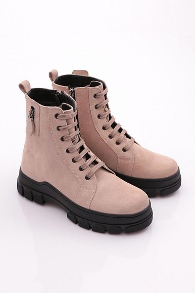 DGN Women's Zipper Detailed Lace up Boots Beige Suede Genuine Leather 1681123217