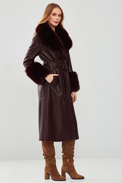 Derimod Penelope Women's Burgundy Furry Leather Overcoat