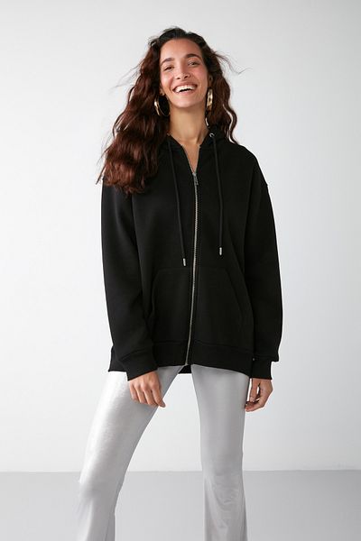 GRIMELANGE Alena dámská základní klokaní kapsa oversize organická bavlna černá mikina s kapucí na zip