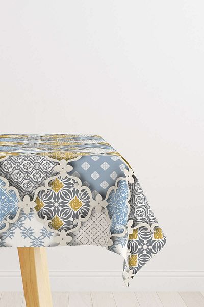 Cango Home Yellow Blue Ethnic Vintage Patterned Digital Printed Tablecloth Cgh583-ms