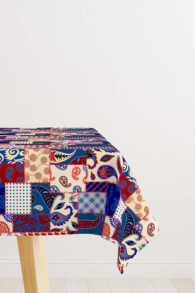 Cango Home Red Navy Blue Ethnic Patchwork Patterned Digital Printed Tablecloth Cgh623-ms