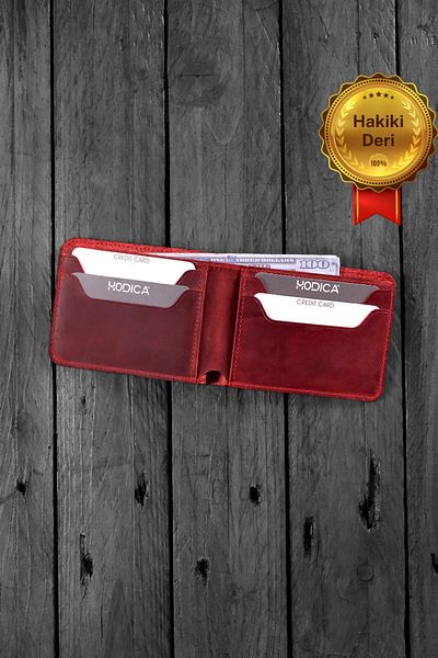 Modica Tulipa - Tumbled Genuine Leather Natural Slim Classic Red Men's Wallet, High-Level Detail Workmanship