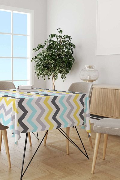 Cango Home Yellow Gray Zigzag Patterned Digital Printed Tablecloth Otyk462-ms
