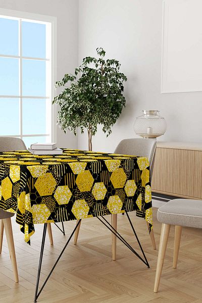 Cango Home Yellow Black Honeycomb Daisy Patterned Digital Printed Tablecloth Cgh1192-ms